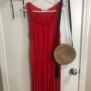 Red A-Line LOFT dress with ruffle at neckline